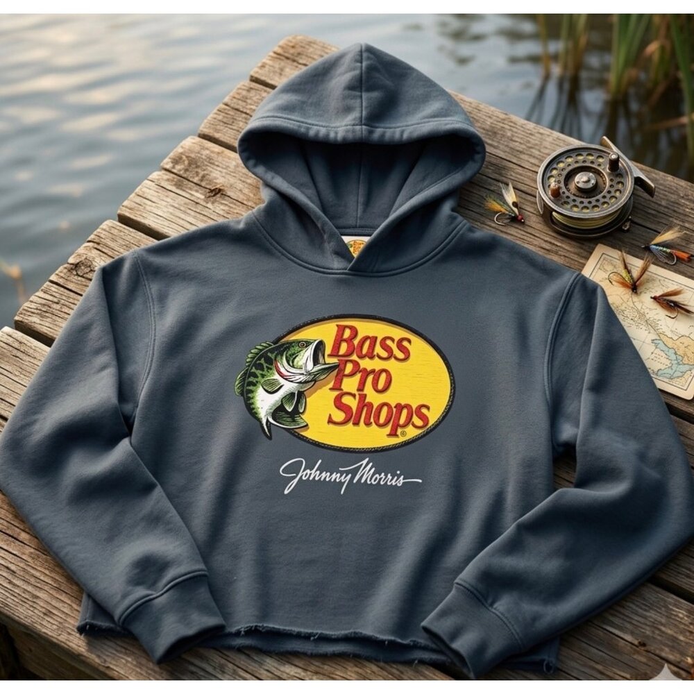 Bass Pro Shops Ladies Cropped Hoodie Size S Black With Logo Design Johnny Morris